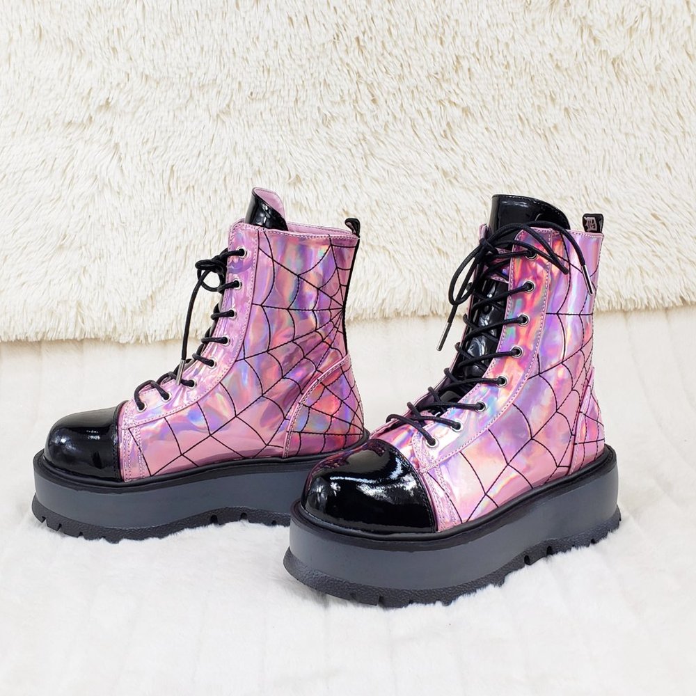Pink Hologram Platform Spider Web Ankle Boots Punk Rave Festival Slacker - Picture 9 of 12